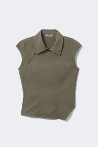 Cap-Sleeved Asymmetric Ripstop Top – Khaki Green