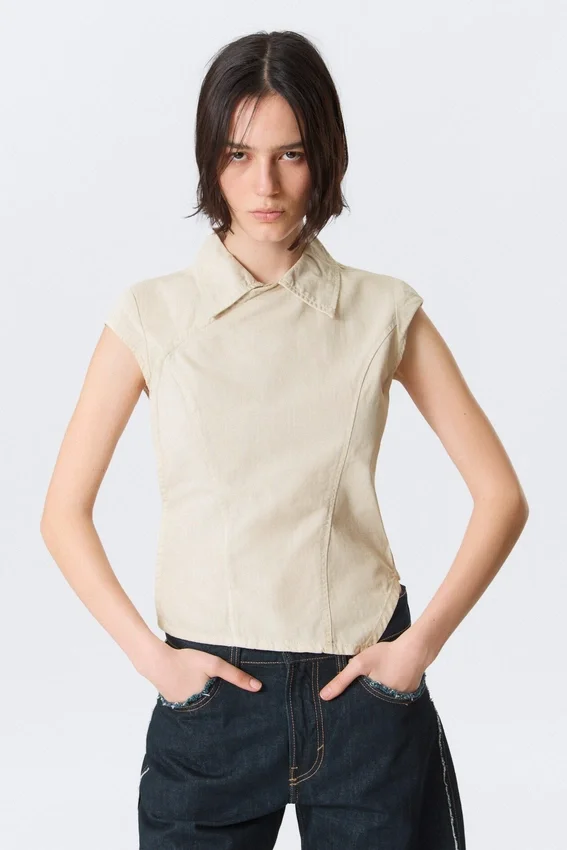Cap-Sleeved Asymmetric Ripstop Top – Light Beige Cap-Sleeved Asymmetric Ripstop Top – Light Beige