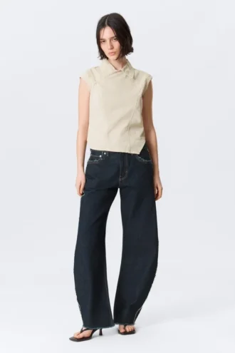 Cap-Sleeved Asymmetric Ripstop Top – Light Beige