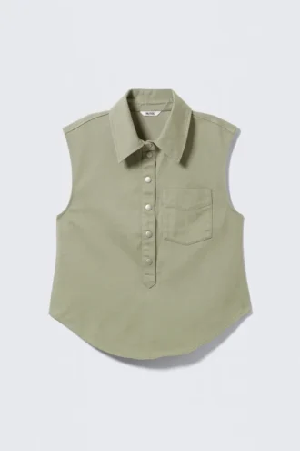 Cap-Sleeved Cotton Twill Shirt – Khaki Green