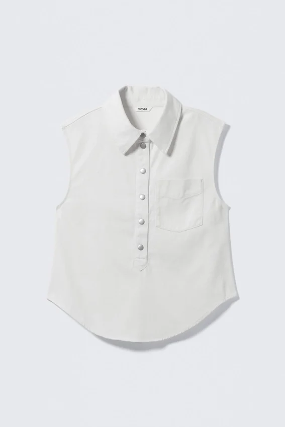 Cap-Sleeved Cotton Twill Shirt – White Cap-Sleeved Cotton Twill Shirt – White