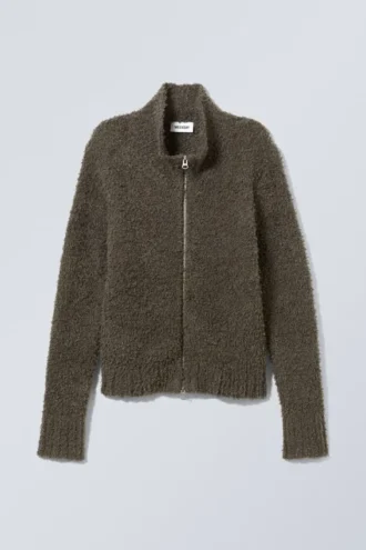 Carla Zip Hairy Cardigan – Dark Khaki