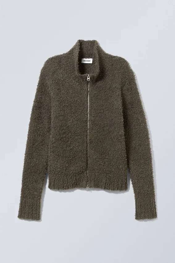 Carla Zip Hairy Cardigan – Dark Khaki Carla Zip Hairy Cardigan – Dark Khaki