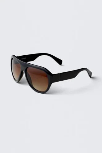 Chunky Aviator Unisex Sunglasses – Black – Brown Lenses