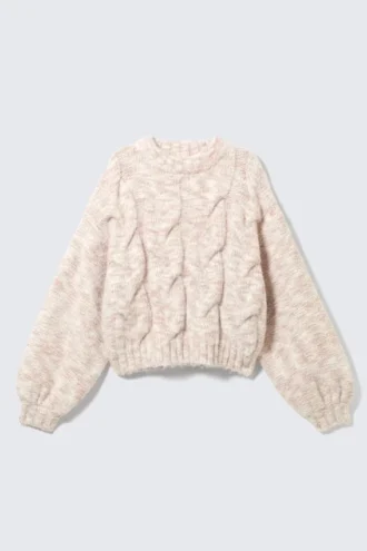 Chunky Cable-Knitted Sweater – Light Pink Melange