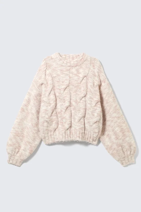 Chunky Cable-Knitted Sweater – Light Pink Melange Chunky Cable-Knitted Sweater – Light Pink Melange