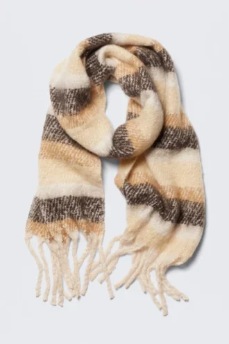 Chunky Fringed Scarf – Striped Beige