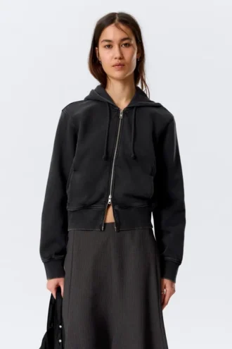 Cinched Cotton Zip Hoodie – Washed Black