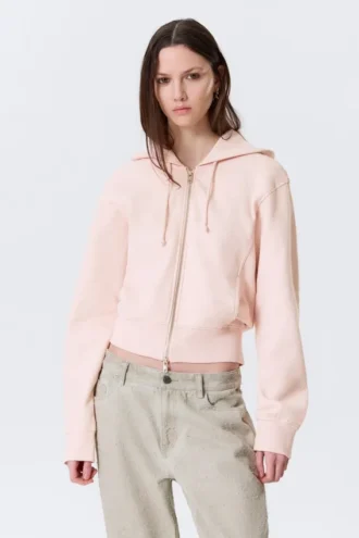 Cinched Cotton Zip Hoodie – Washed Light Pink