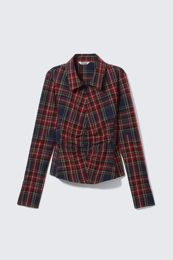 Collared Gathered Shirt – Dark Red Collared Gathered Shirt – Dark Red