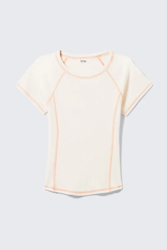 Contrast Stitch Fitted T-Shirt – Off-White – Orange Stitching Contrast Stitch Fitted T-Shirt – Off-White – Orange Stitching