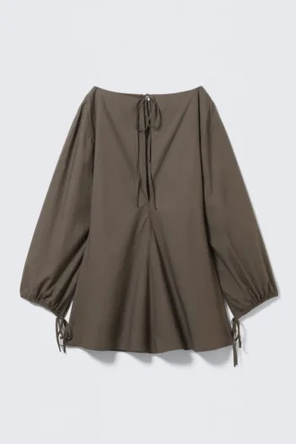 Cotton Poplin Tie-Detail Mini Dress – Dark Mole