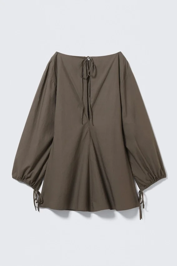 Cotton Poplin Tie-Detail Mini Dress – Dark Mole Cotton Poplin Tie-Detail Mini Dress – Dark Mole