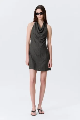 Cowl-Neck Jacquard Halter Mini Dress – Dark Grey