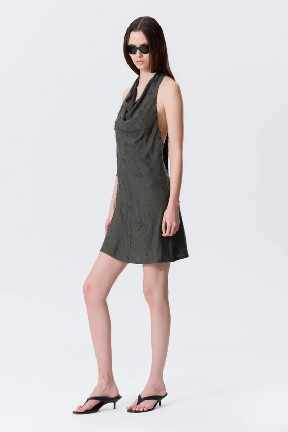 Cowl-Neck Jacquard Halter Mini Dress – Dark Grey Cowl-Neck Jacquard Halter Mini Dress – Dark Grey