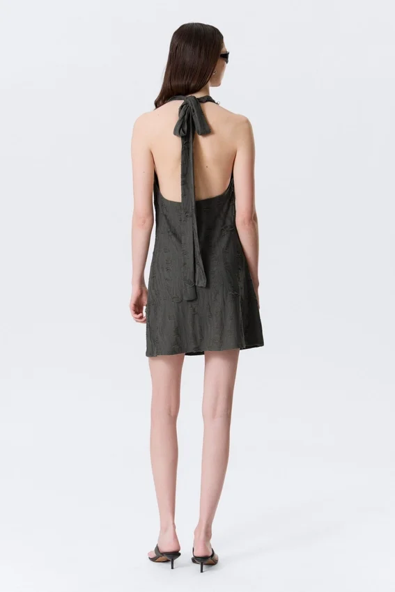 Cowl-Neck Jacquard Halter Mini Dress – Dark Grey Cowl-Neck Jacquard Halter Mini Dress – Dark Grey