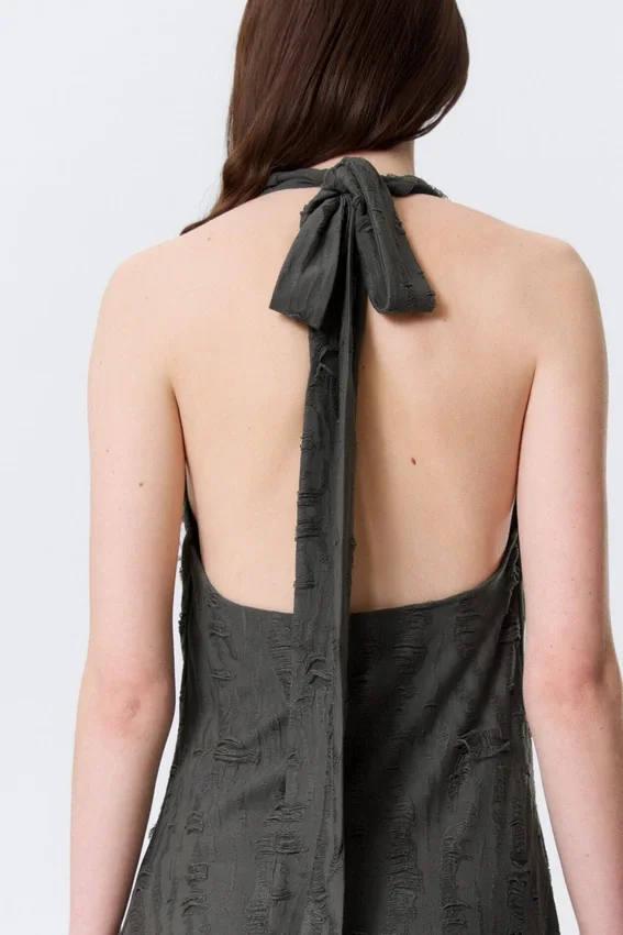Cowl-Neck Jacquard Halter Mini Dress – Dark Grey Cowl-Neck Jacquard Halter Mini Dress – Dark Grey