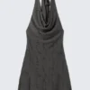 Cowl-Neck Jacquard Halter Mini Dress – Dark Grey Cowl-Neck Jacquard Halter Mini Dress – Dark Grey