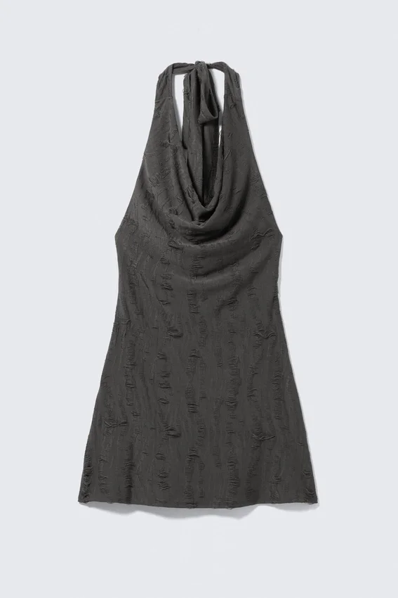 Cowl-Neck Jacquard Halter Mini Dress – Dark Grey Cowl-Neck Jacquard Halter Mini Dress – Dark Grey