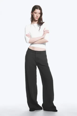 Crinkle Low Waist Loose Fit Trousers – Dark Grey