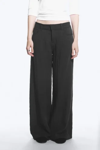 Crinkle Low Waist Loose Fit Trousers – Dark Grey
