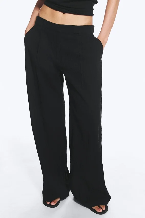 Crinkled Cotton Trousers – Black Crinkled Cotton Trousers – Black