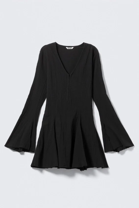 Crinkled Long-Sleeved Mini Dress – Black Crinkled Long-Sleeved Mini Dress – Black