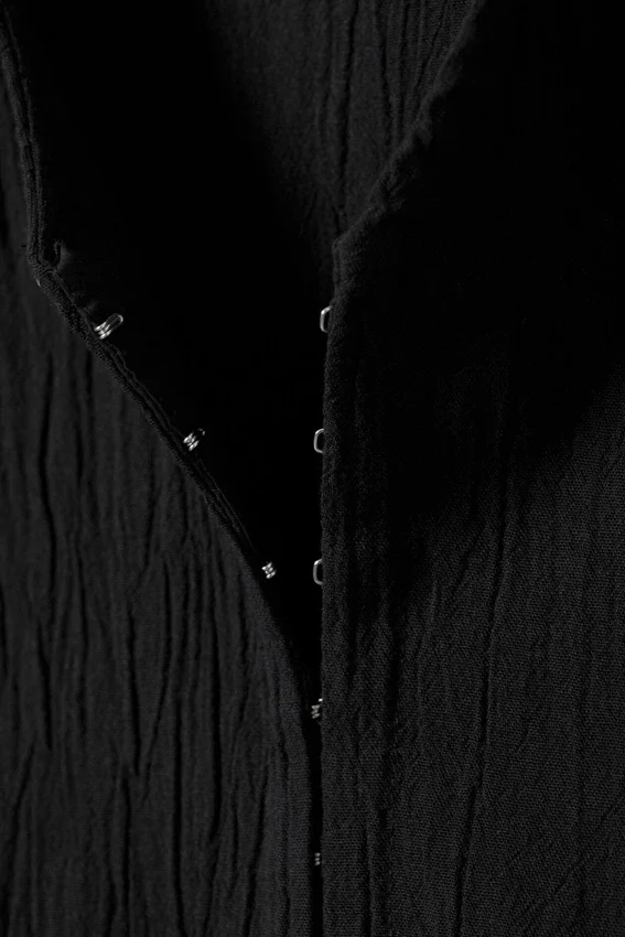 Crinkled Long-Sleeved Mini Dress – Black Crinkled Long-Sleeved Mini Dress – Black
