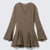 Crinkled Long-Sleeved Mini Dress – Dark Mole Crinkled Long-Sleeved Mini Dress – Dark Mole