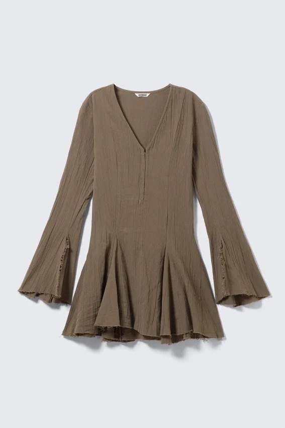 Crinkled Long-Sleeved Mini Dress – Dark Mole Crinkled Long-Sleeved Mini Dress – Dark Mole
