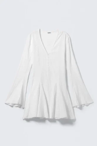 Crinkled Long-Sleeved Mini Dress – White