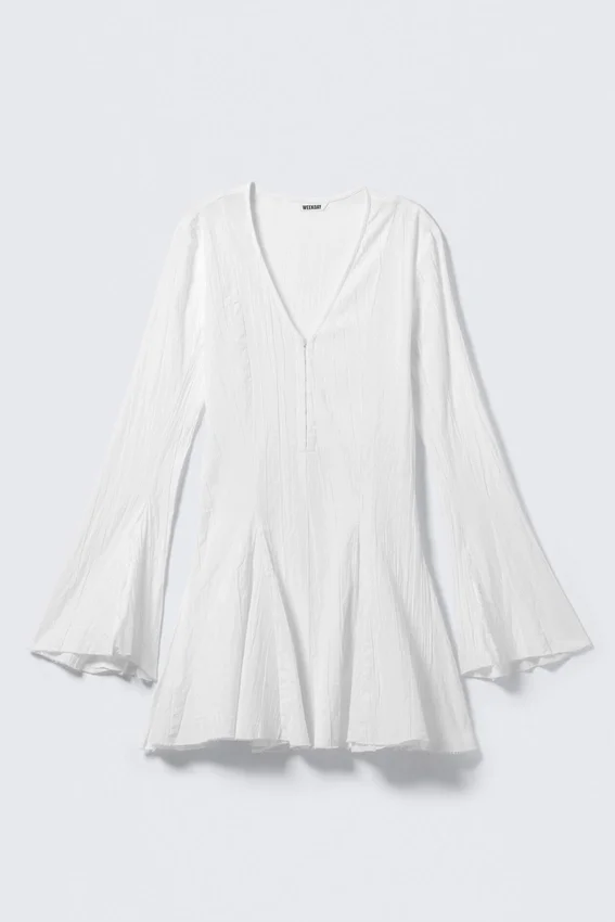 Crinkled Long-Sleeved Mini Dress – White Crinkled Long-Sleeved Mini Dress – White