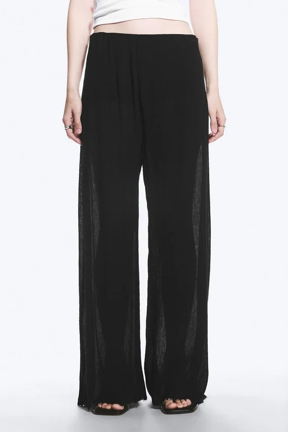Crinkled Low-Rise Wide-Leg Trousers – Black Crinkled Low-Rise Wide-Leg Trousers – Black