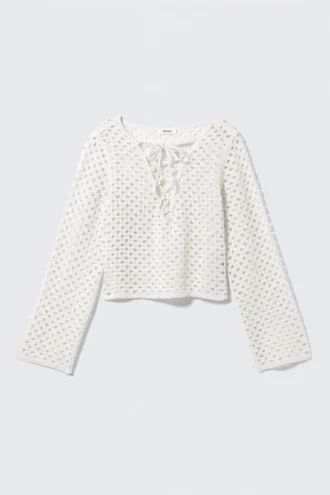 Crochet Knit Long-Sleeved Top – White