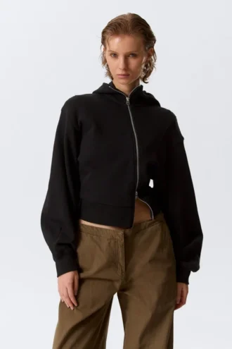 Cropped Asymmetric Zip Hoodie – Black