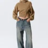 Cropped Asymmetric Zip Hoodie – Washed Dark Beige