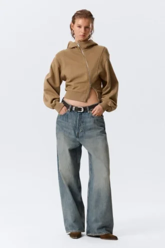 Cropped Asymmetric Zip Hoodie – Washed Dark Beige
