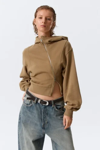 Cropped Asymmetric Zip Hoodie – Washed Dark Beige