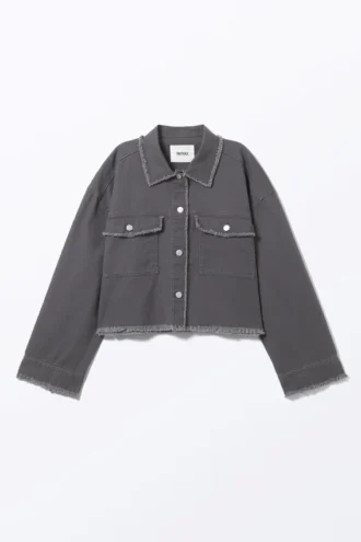 Cropped Boxy Twill Jacket – Dark Grey