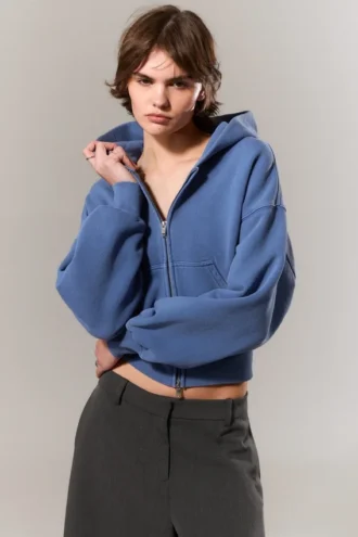 Cropped Boxy Zip Hoodie – Washed Blue