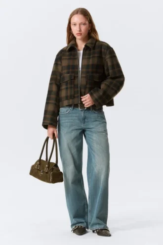 Cropped Boxy Zip Jacket – Dark Brown Check