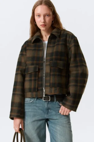 Cropped Boxy Zip Jacket – Dark Brown Check
