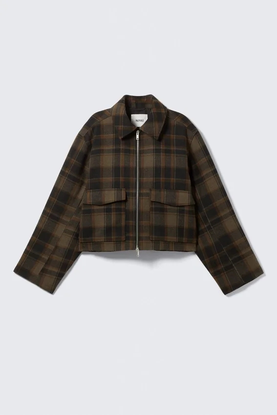 Cropped Boxy Zip Jacket – Dark Brown Check Cropped Boxy Zip Jacket – Dark Brown Check