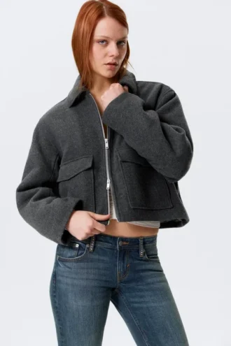Cropped Boxy Zip Jacket – Dark Grey Melange
