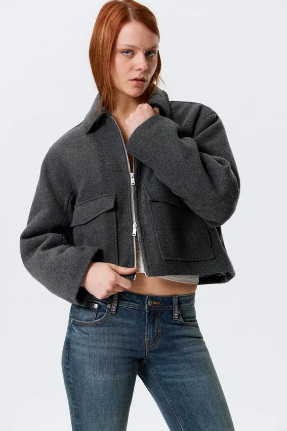 Cropped Boxy Zip Jacket – Dark Grey Melange Cropped Boxy Zip Jacket – Dark Grey Melange