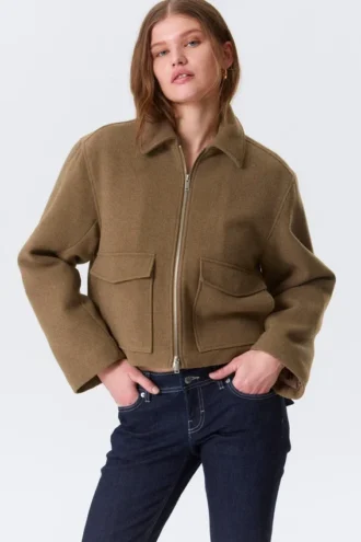 Cropped Boxy Zip Jacket – Soft Brown
