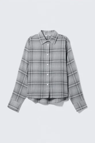 Cropped Button-Up Cotton Shirt – Dusty Blue Check