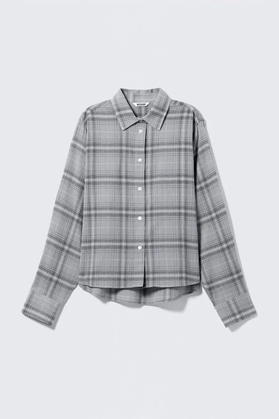 Cropped Button-Up Cotton Shirt – Dusty Blue Check Cropped Button-Up Cotton Shirt – Dusty Blue Check