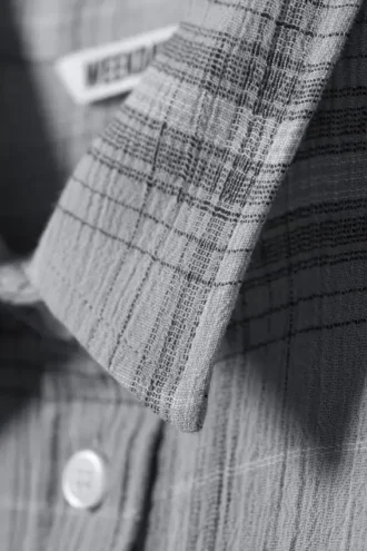 Cropped Button-Up Cotton Shirt – Dusty Blue Check