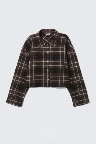 Cropped Checked Flannel Shirt – Checked Brown
